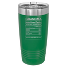Laser etched green 20 oz vacuum insulated tumbler with 'Grandma Nutrition' design