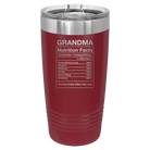 Laser etched maroon 20 oz vacuum insulated tumbler with 'Grandma Nutrition' design