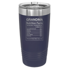 Laser etched navy 20 oz vacuum insulated tumbler with 'Grandma Nutrition' design