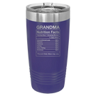 Laser etched purple 20 oz vacuum insulated tumbler with 'Grandma Nutrition' design