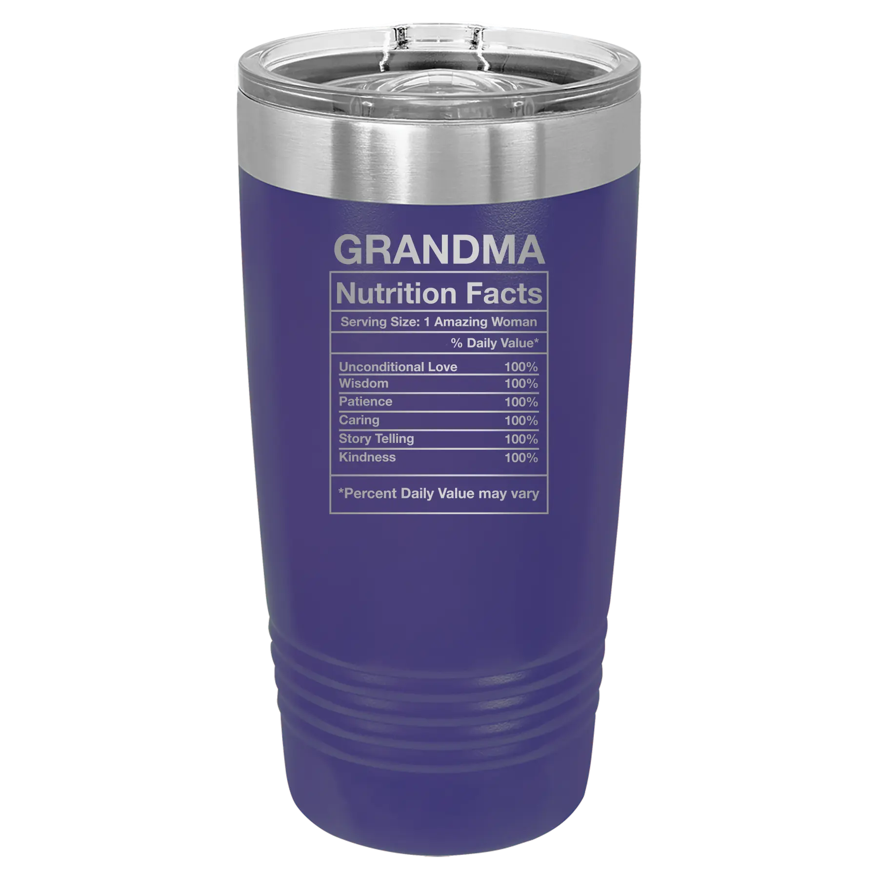 Laser etched purple 20 oz vacuum insulated tumbler with 'Grandma Nutrition' design