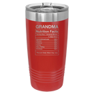 Laser etched red 20 oz vacuum insulated tumbler with 'Grandma Nutrition' design