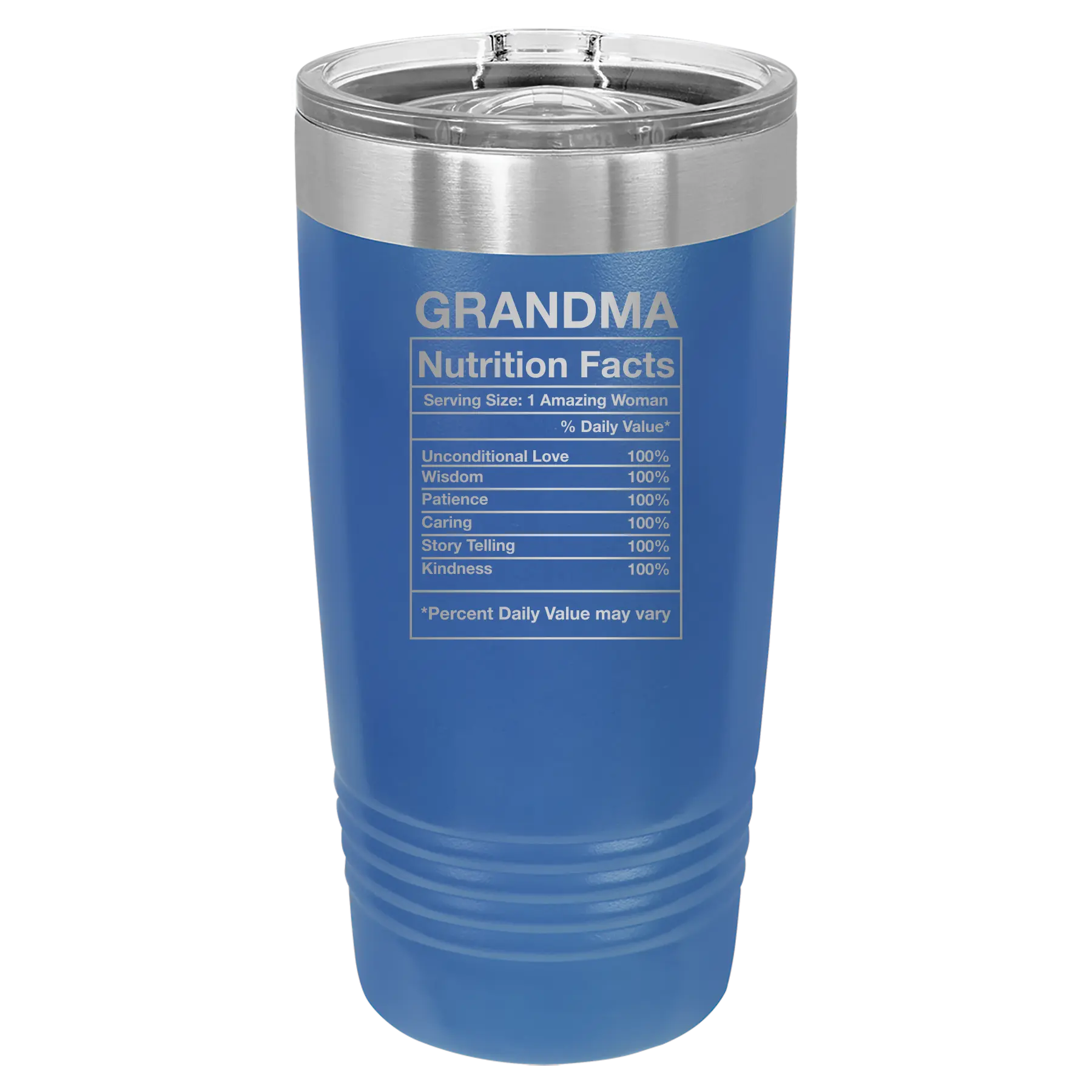 Laser etched royal blue 20 oz vacuum insulated tumbler with 'Grandma Nutrition' design