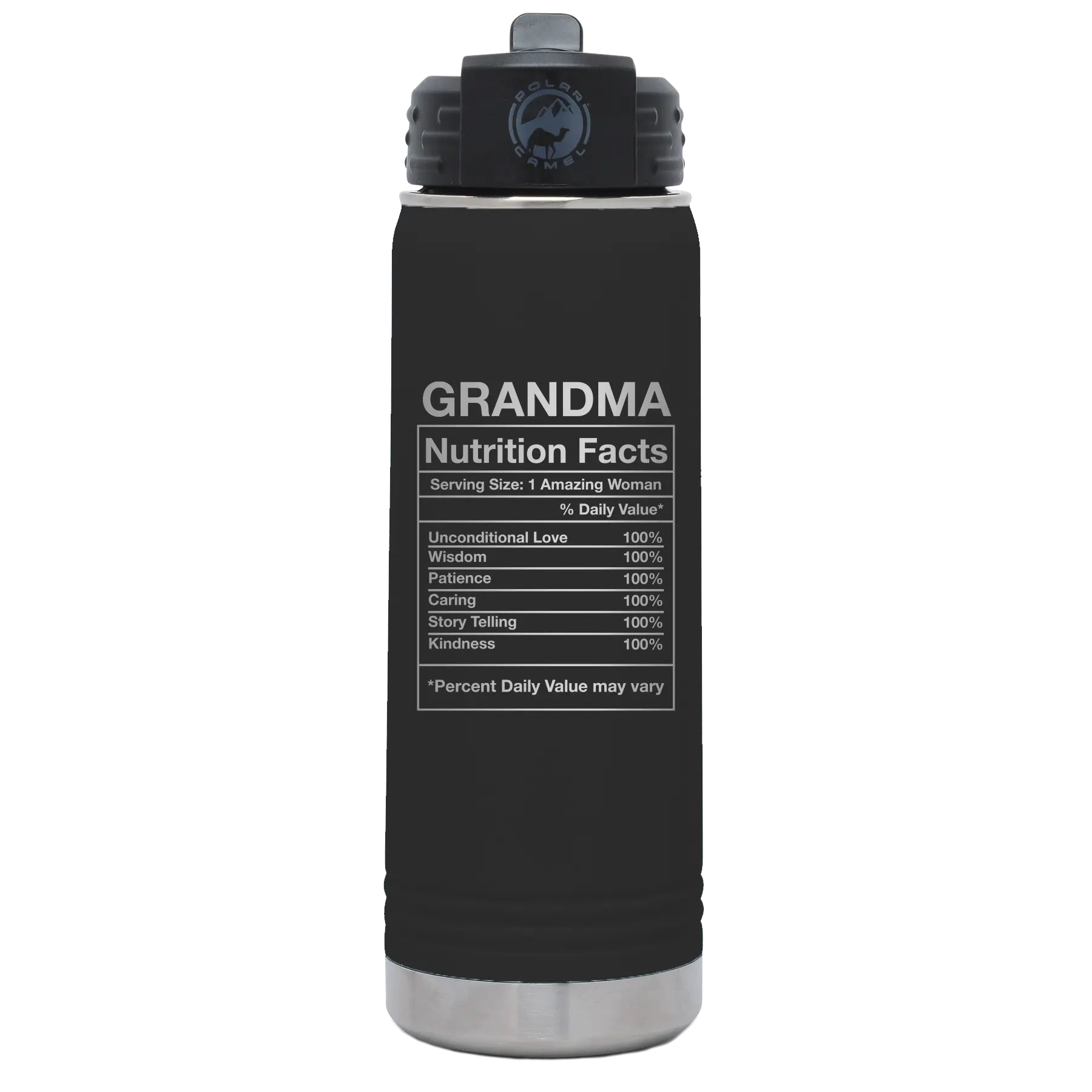 Laser etched black 20 oz vacuum insulated water bottle with 'Grandma Nutrition' design