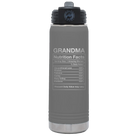 Laser etched dark gray 20 oz vacuum insulated water bottle with 'Grandma Nutrition' design
