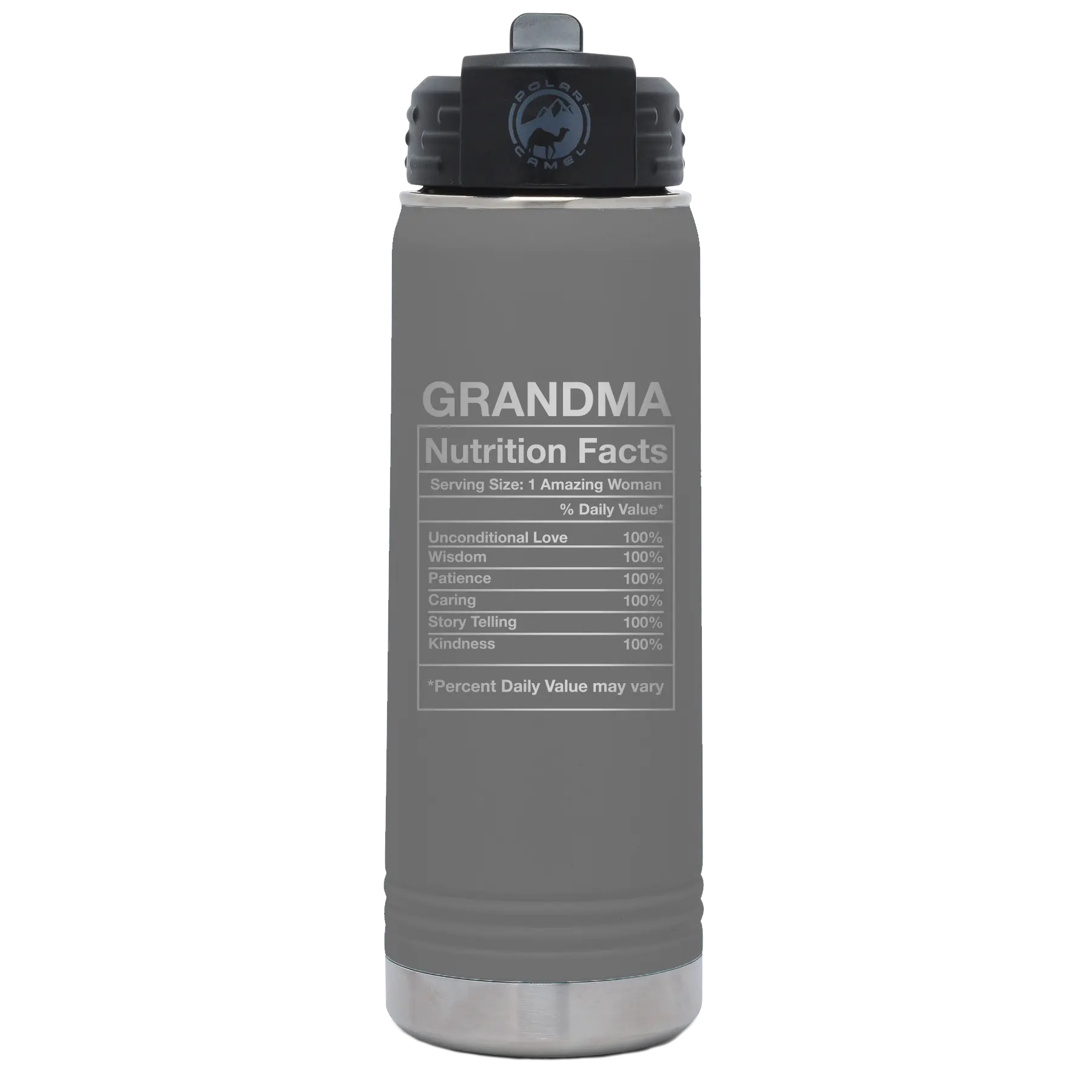 Laser etched dark gray 20 oz vacuum insulated water bottle with 'Grandma Nutrition' design