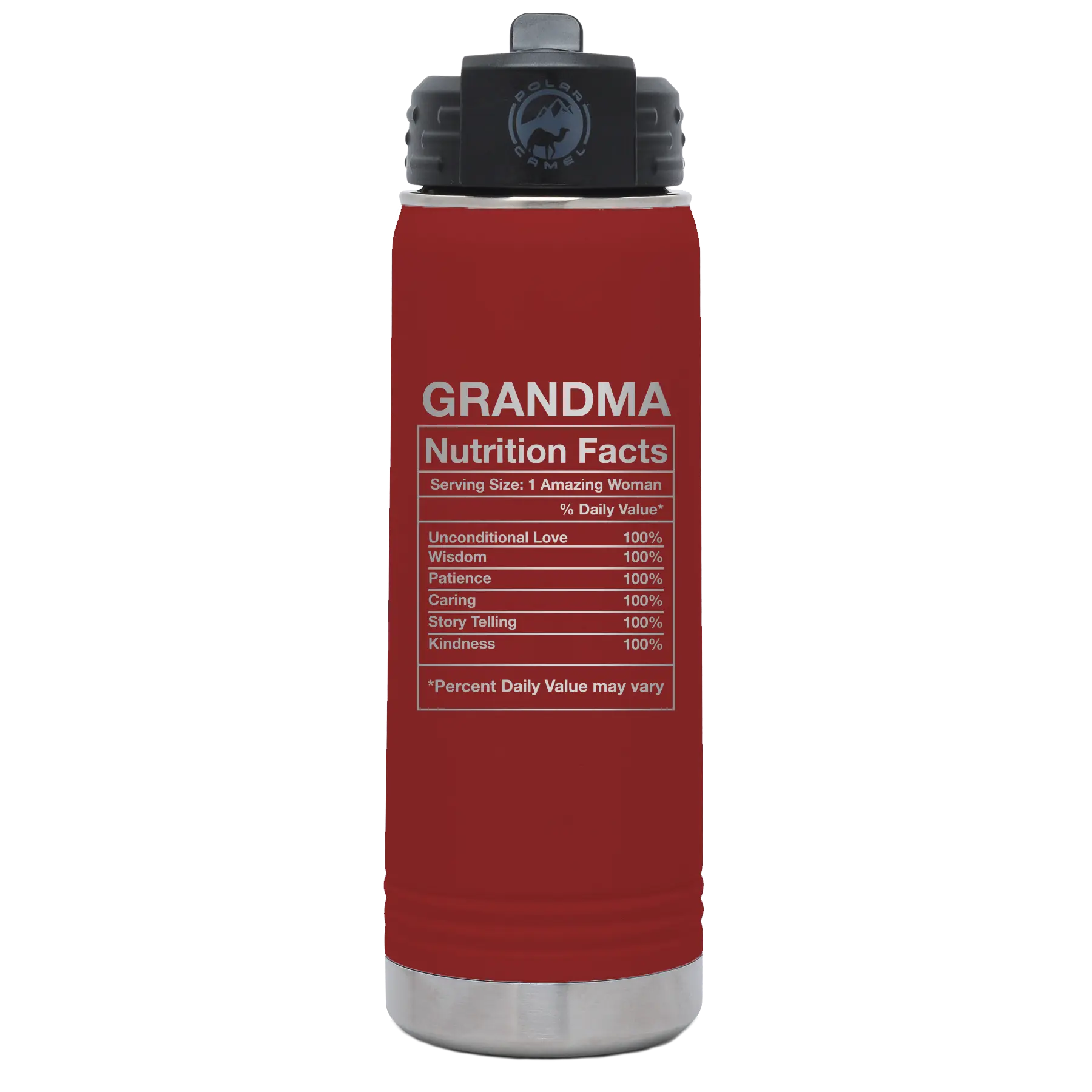 Laser etched maroon 20 oz vacuum insulated water bottle with 'Grandma Nutrition' design