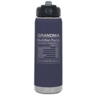 Laser etched navy 20 oz vacuum insulated water bottle with 'Grandma Nutrition' design