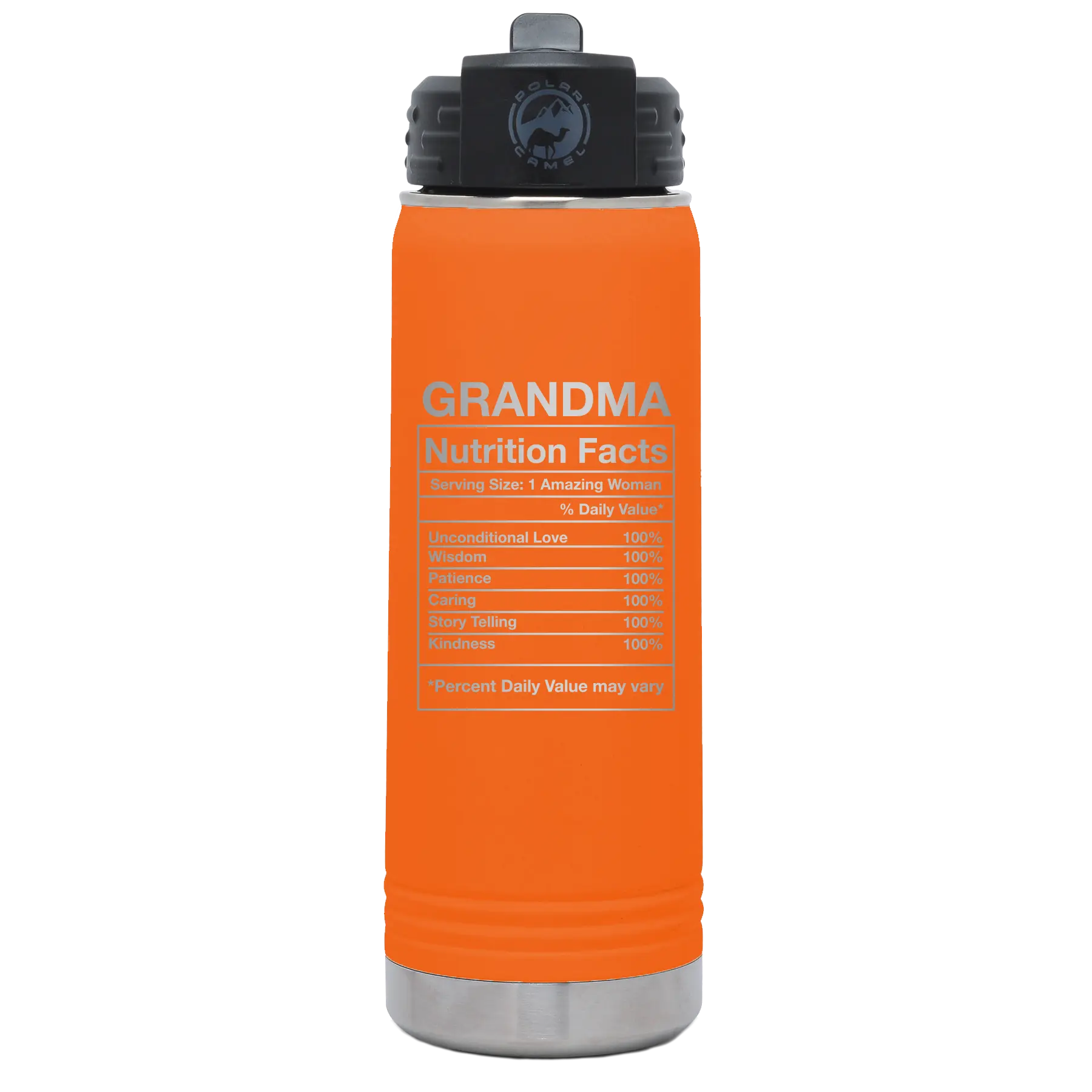 Laser etched orange 20 oz vacuum insulated water bottle with 'Grandma Nutrition' design