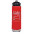 Laser etched red 20 oz vacuum insulated water bottle with 'Grandma Nutrition' design