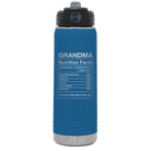 Laser etched royal blue 20 oz vacuum insulated water bottle with 'Grandma Nutrition' design