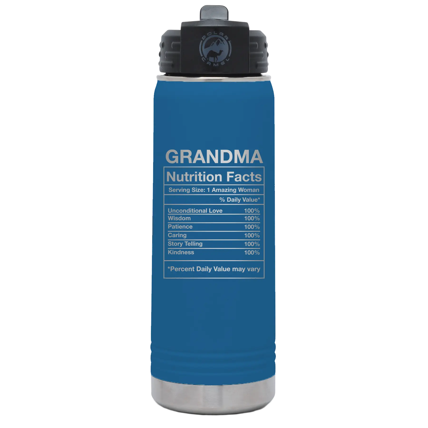 Laser etched royal blue 20 oz vacuum insulated water bottle with 'Grandma Nutrition' design