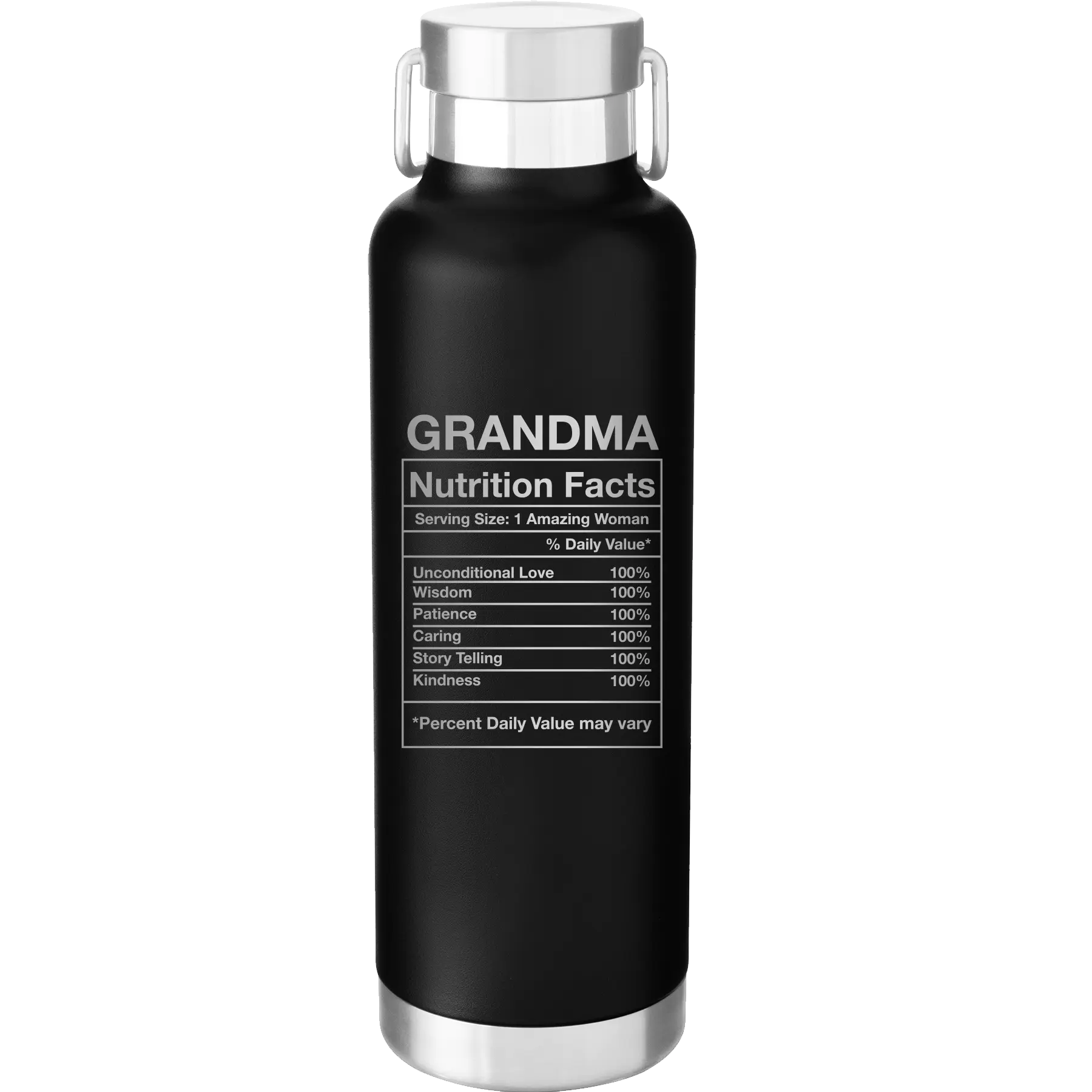 Laser etched black 24 oz vacuum insulated water bottle with 'Grandma Nutrition' design