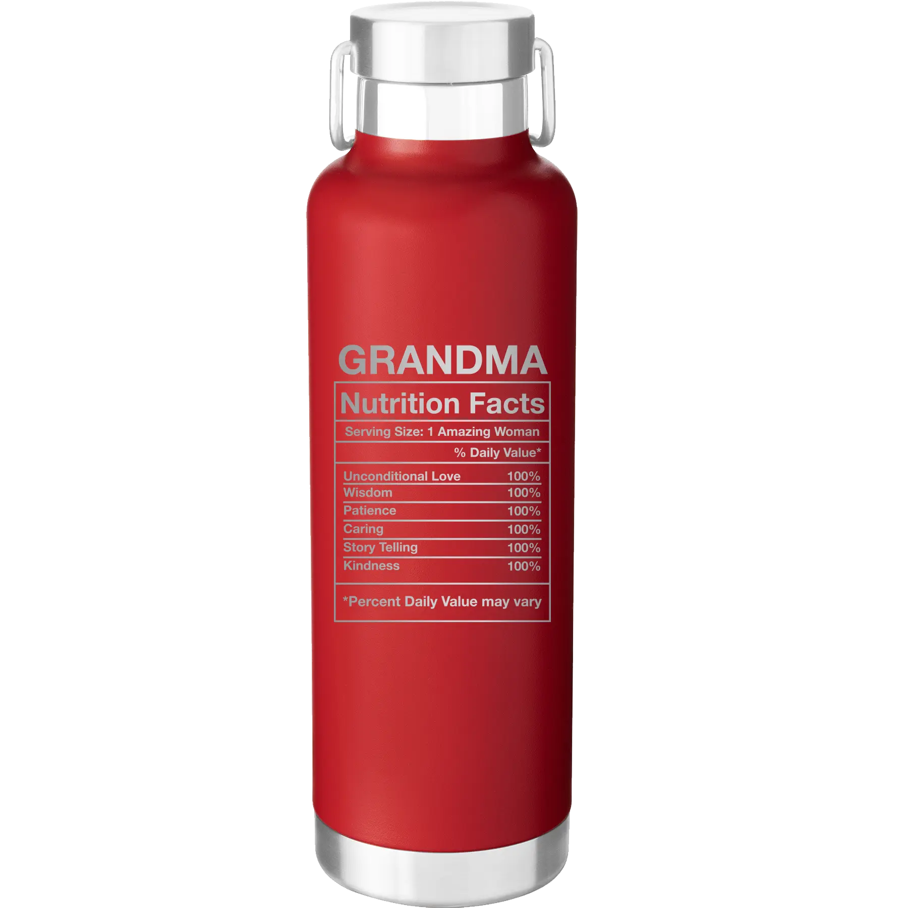 Laser etched red 24 oz vacuum insulated water bottle with 'Grandma Nutrition' design