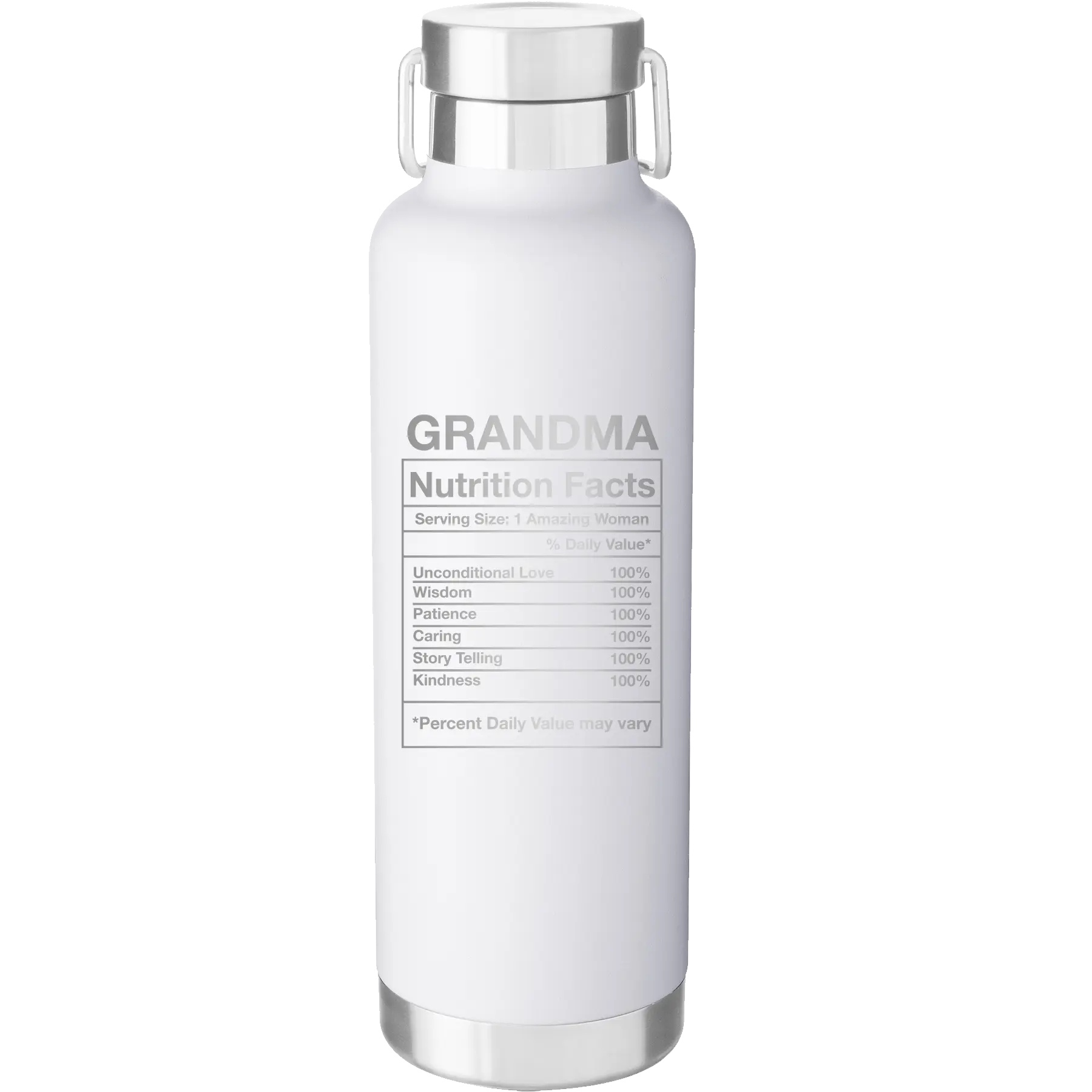 Laser etched white 24 oz vacuum insulated water bottle with 'Grandma Nutrition' design