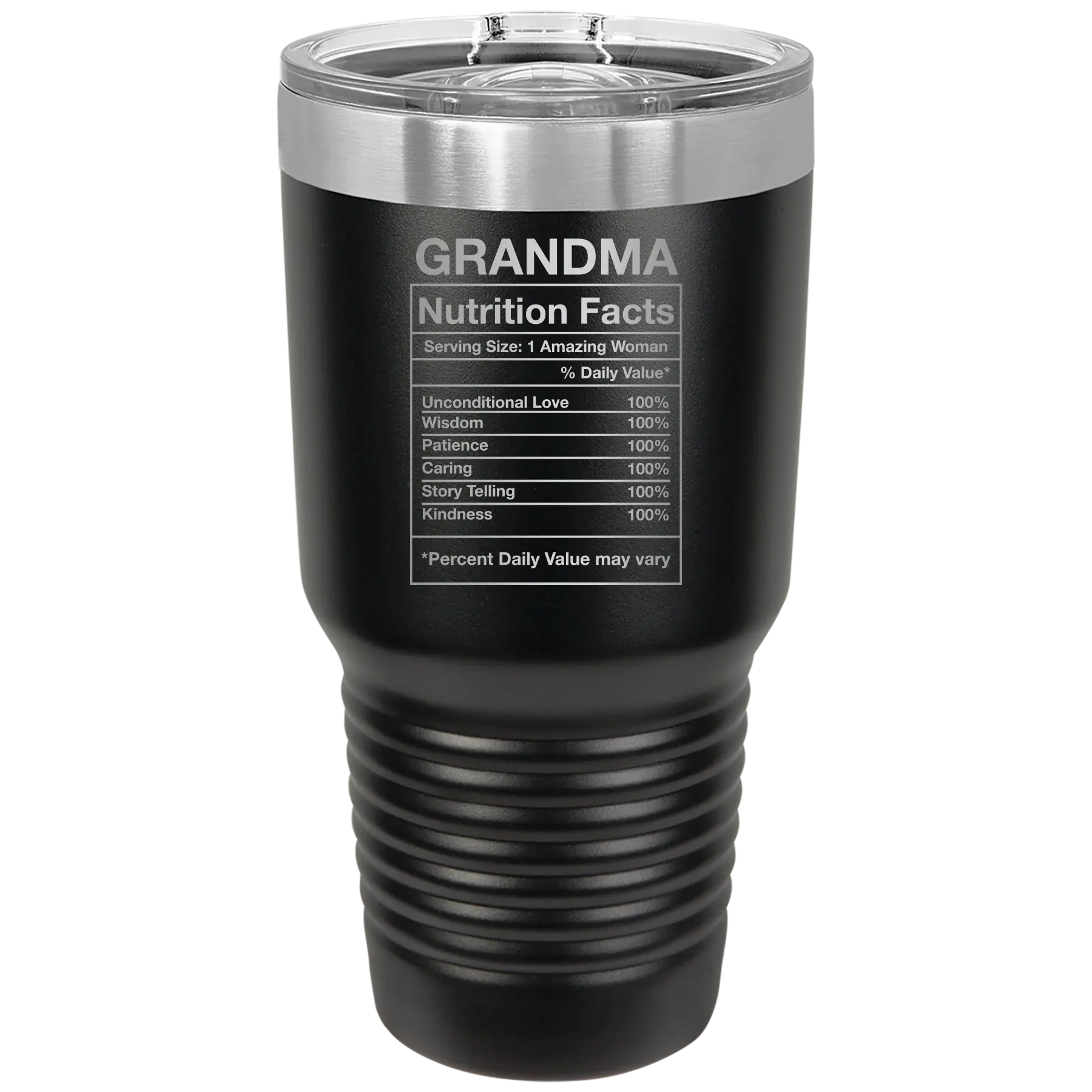 Laser etched black 30 oz vacuum insulated tumbler with 'Grandma Nutrition' design