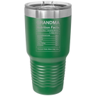 Laser etched green 30 oz vacuum insulated tumbler with 'Grandma Nutrition' design