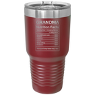 Laser etched maroon 30 oz vacuum insulated tumbler with 'Grandma Nutrition' design