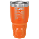 Laser etched orange 30 oz vacuum insulated tumbler with 'Grandma Nutrition' design