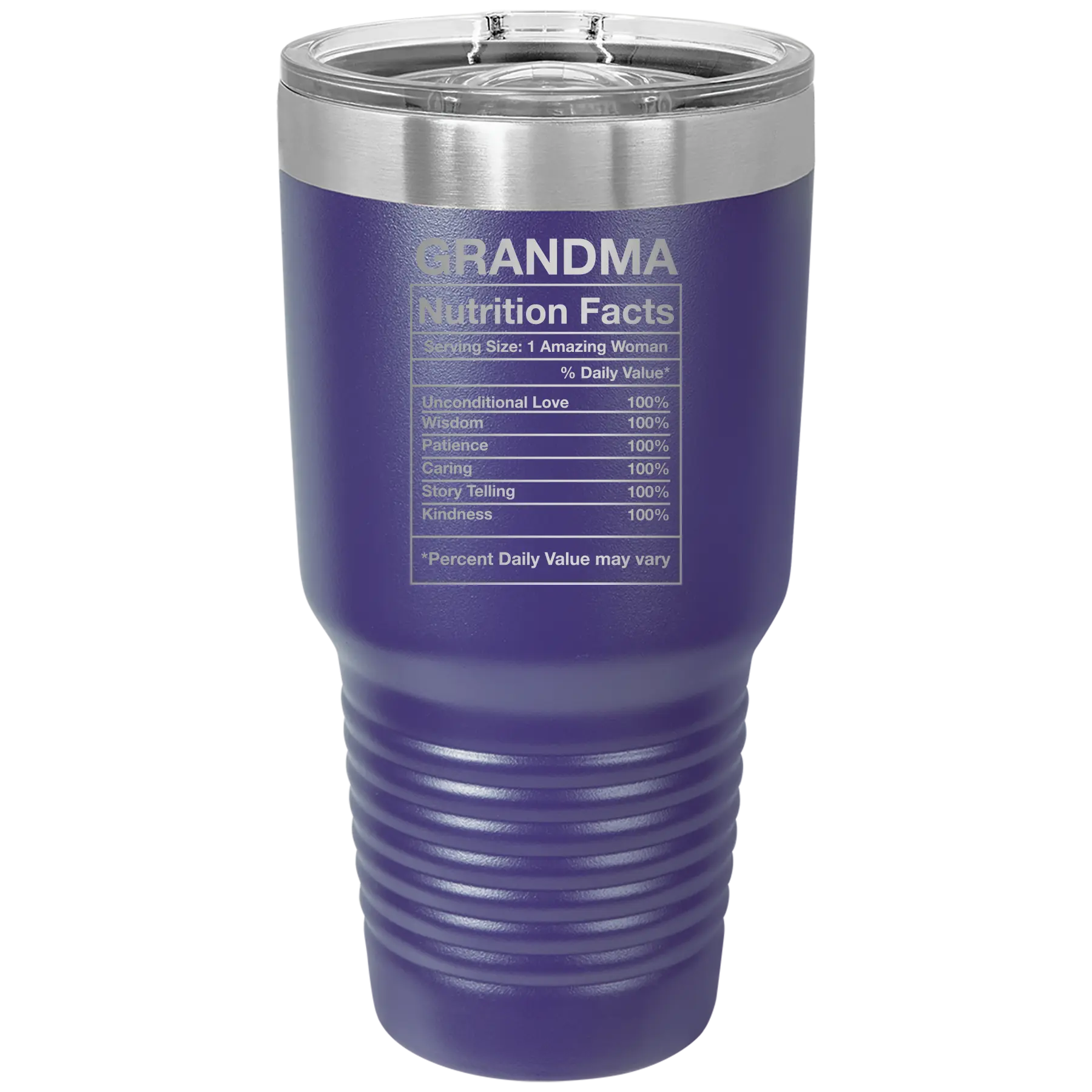 Laser etched purple 30 oz vacuum insulated tumbler with 'Grandma Nutrition' design