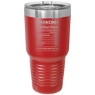 Laser etched red 30 oz vacuum insulated tumbler with 'Grandma Nutrition' design