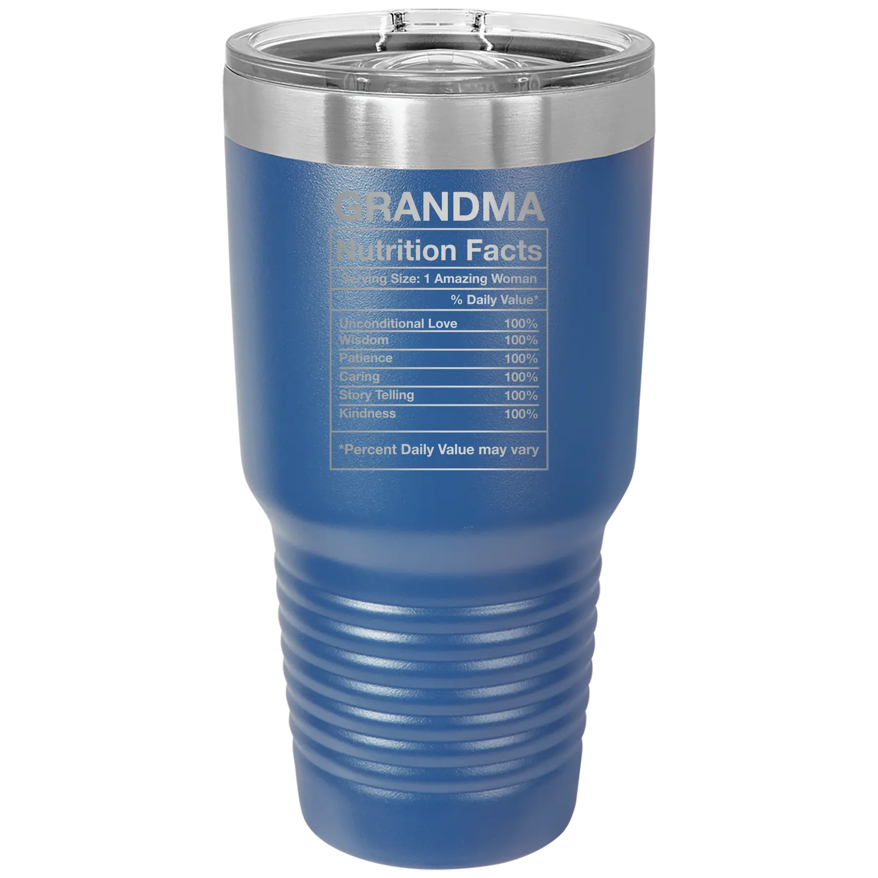 Laser etched royal blue 30 oz vacuum insulated tumbler with 'Grandma Nutrition' design