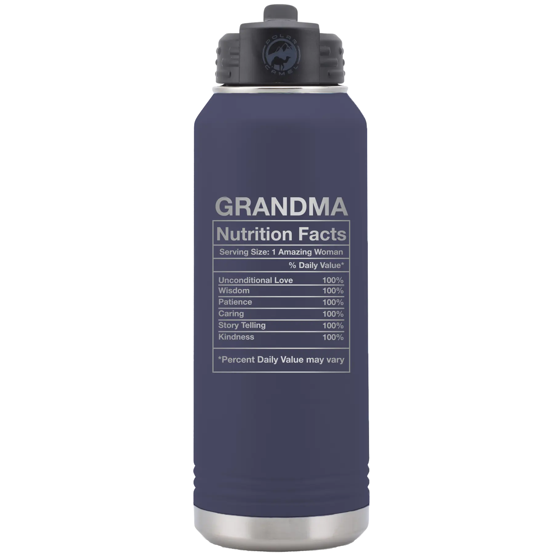 Laser etched navy 32 oz vacuum insulated water bottle with 'Grandma Nutrition' design