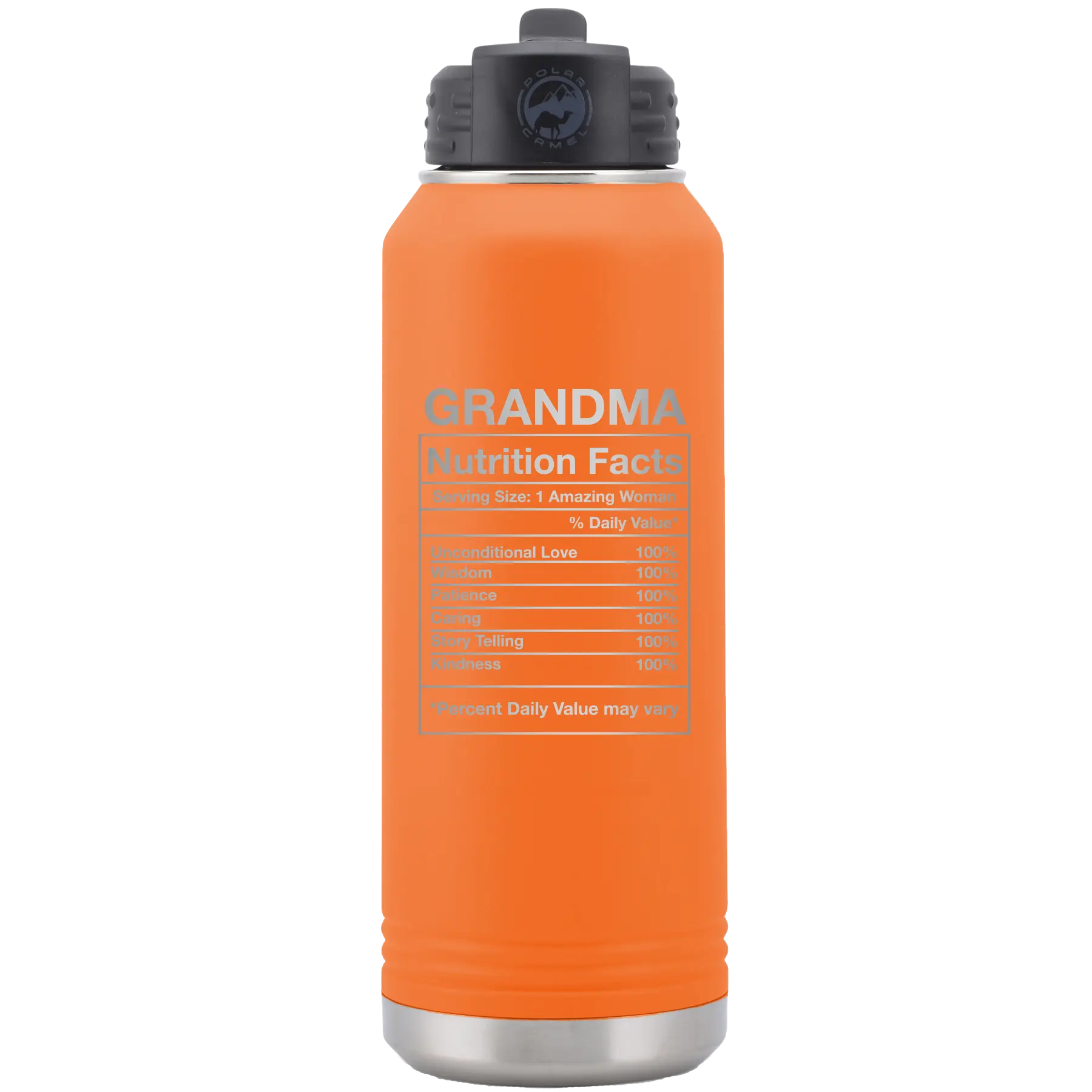 Laser etched orange 32 oz vacuum insulated water bottle with 'Grandma Nutrition' design