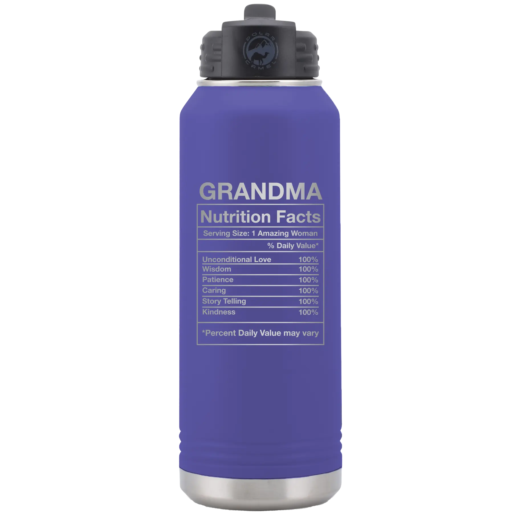 Laser etched purple 32 oz vacuum insulated water bottle with 'Grandma Nutrition' design
