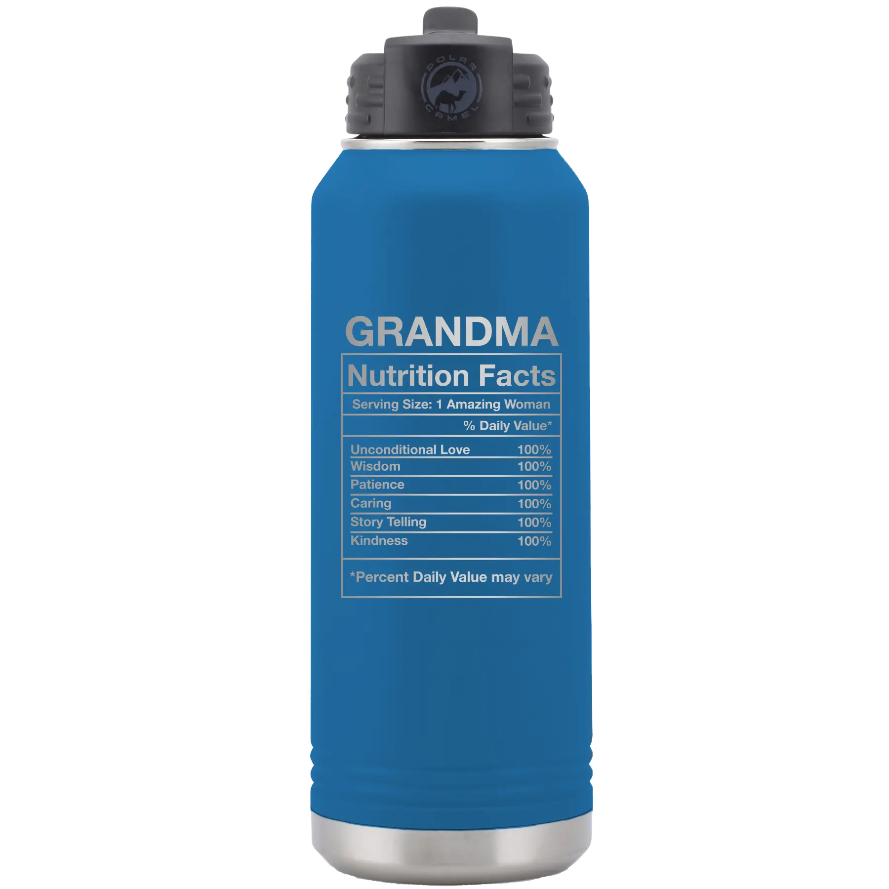 Laser etched royal blue 32 oz vacuum insulated water bottle with 'Grandma Nutrition' design