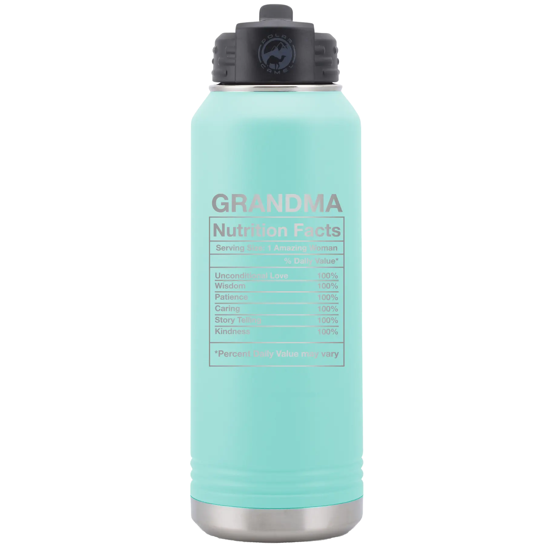 Laser etched teal 32 oz vacuum insulated water bottle with 'Grandma Nutrition' design
