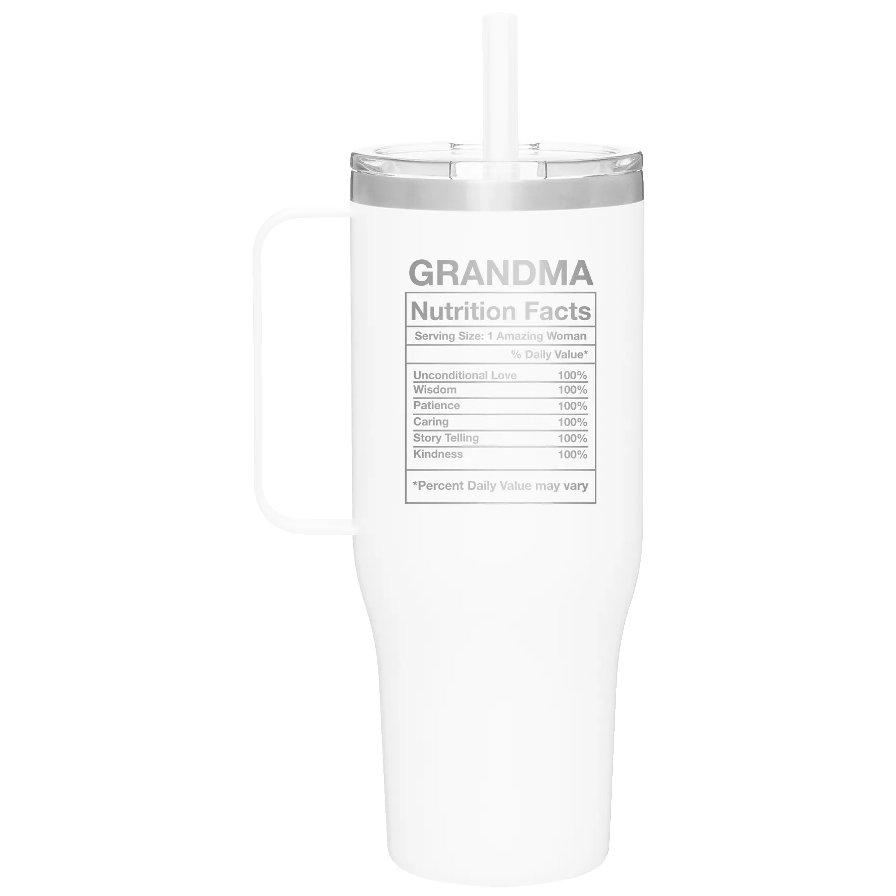 Laser etched white 40 oz vacuum insulated tumbler mug with 'Grandma Nutrition' design
