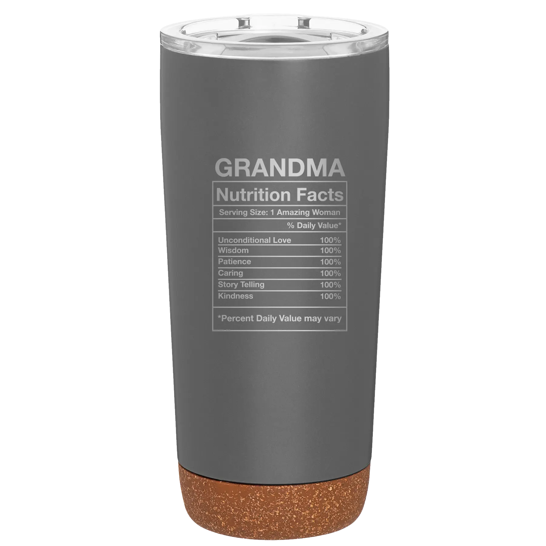 Laser etched storm gray 20 oz vacuum insulated tumbler with 'Grandma Nutrition' design