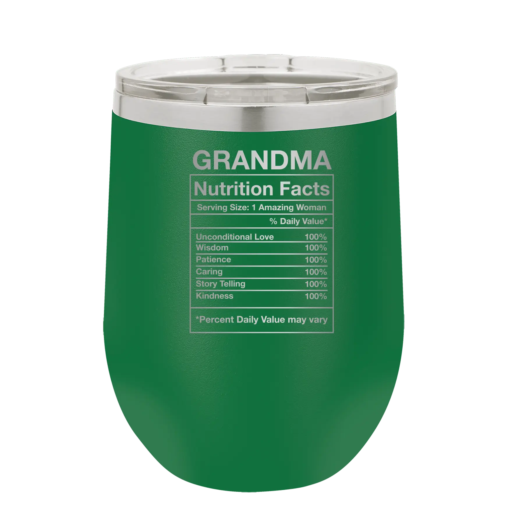 Laser etched green 12 oz vacuum insulated wine cup with 'Grandma Nutrition' design
