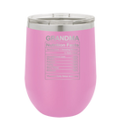 Laser etched light purple 12 oz vacuum insulated wine cup with 'Grandma Nutrition' design