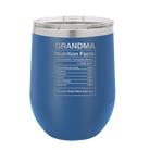 Laser etched royal blue 12 oz vacuum insulated wine cup with 'Grandma Nutrition' design
