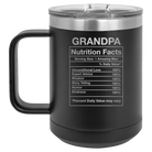 Laser etched black 15 oz vacuum insulated coffee mug with 'Grandpa Nutrition' design