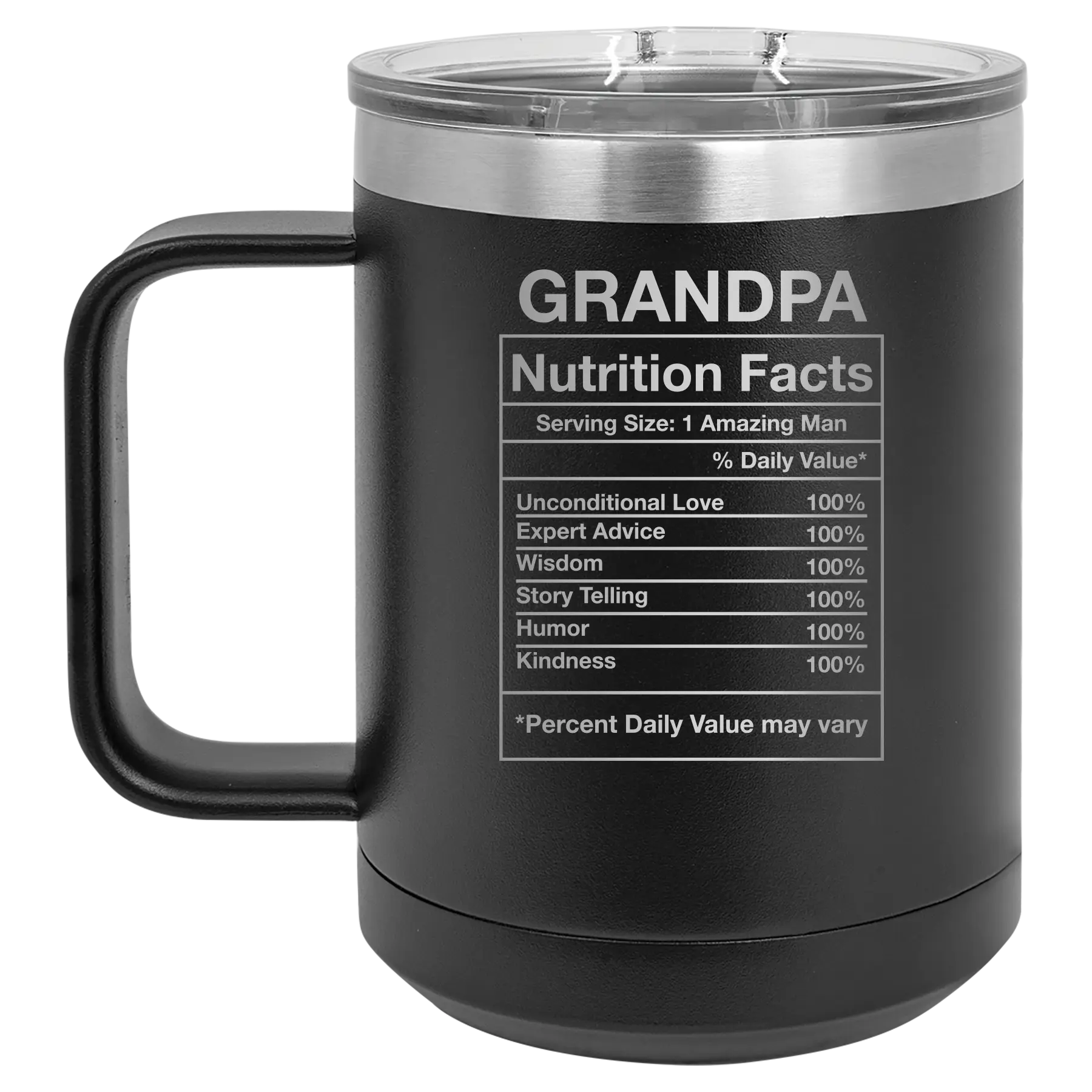Laser etched black 15 oz vacuum insulated coffee mug with 'Grandpa Nutrition' design