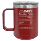 Laser etched maroon 15 oz vacuum insulated coffee mug with 'Grandpa Nutrition' design