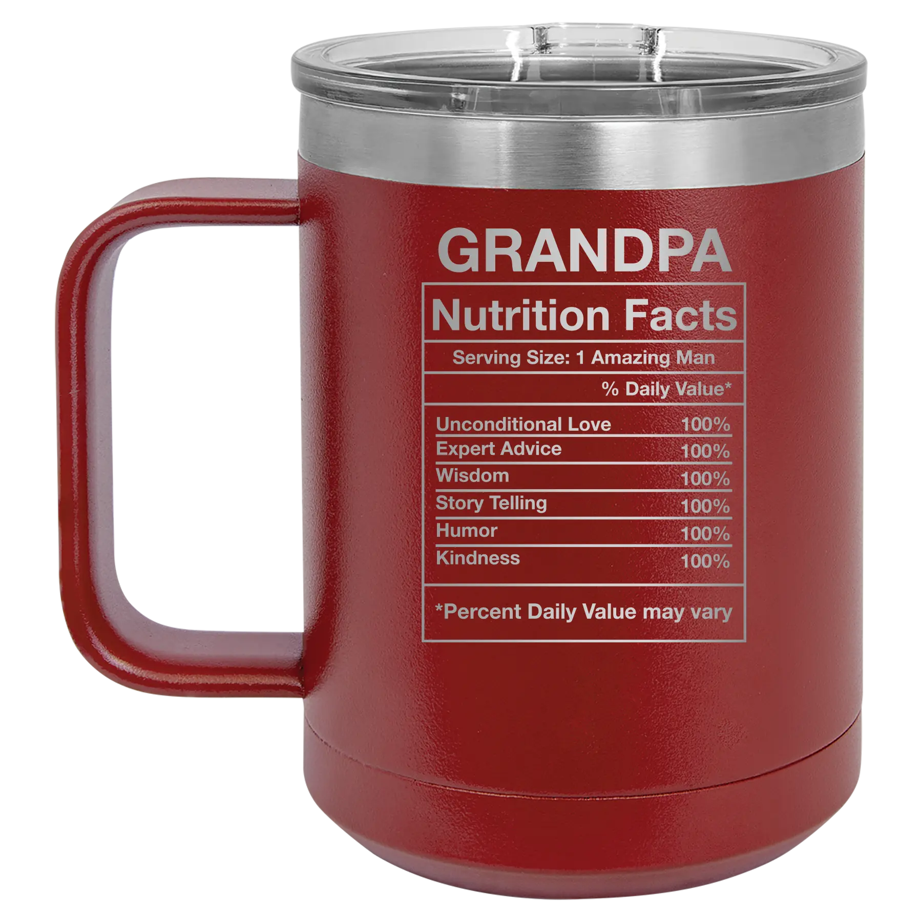 Laser etched maroon 15 oz vacuum insulated coffee mug with 'Grandpa Nutrition' design