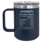 Laser etched navy 15 oz vacuum insulated coffee mug with 'Grandpa Nutrition' design