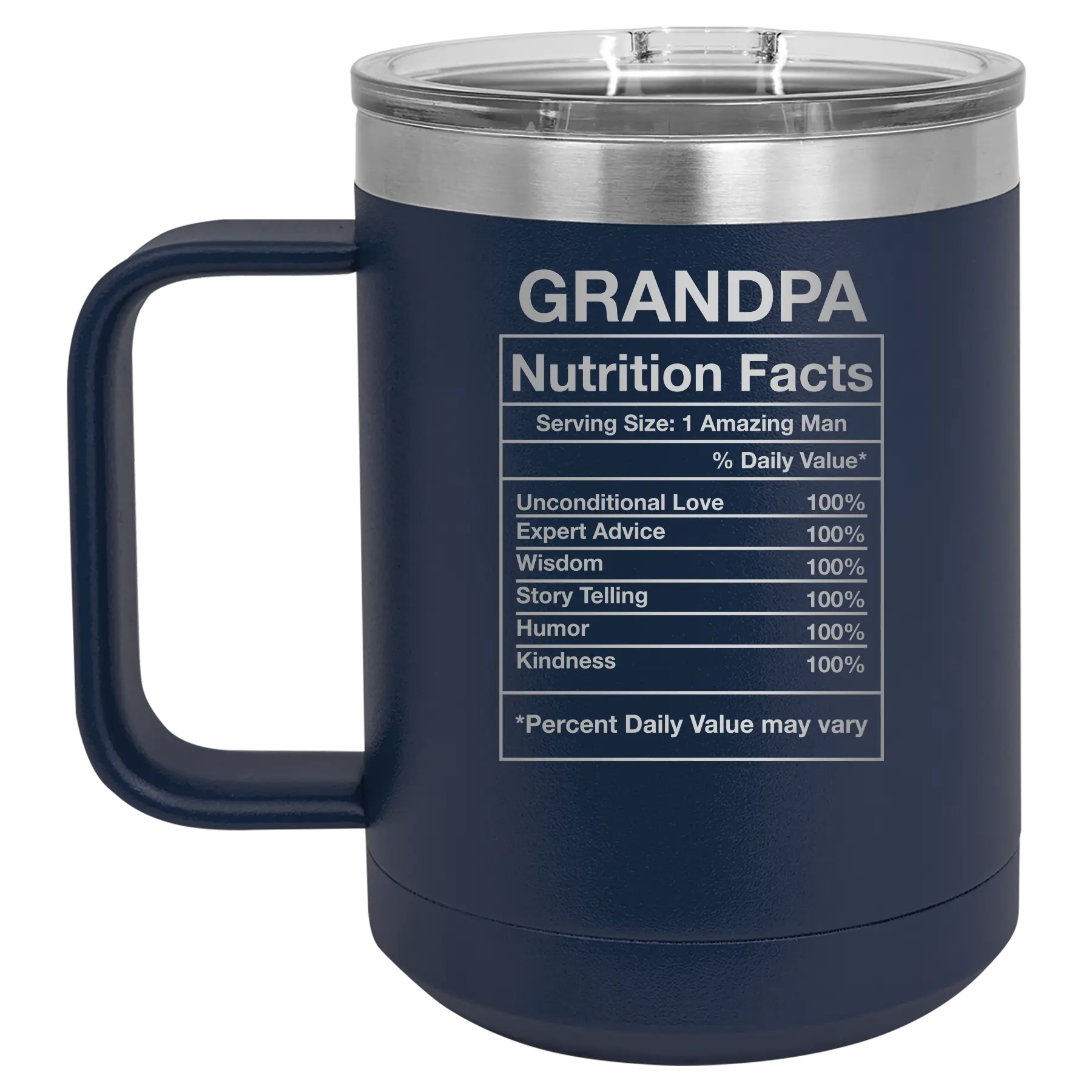Laser etched navy 15 oz vacuum insulated coffee mug with 'Grandpa Nutrition' design