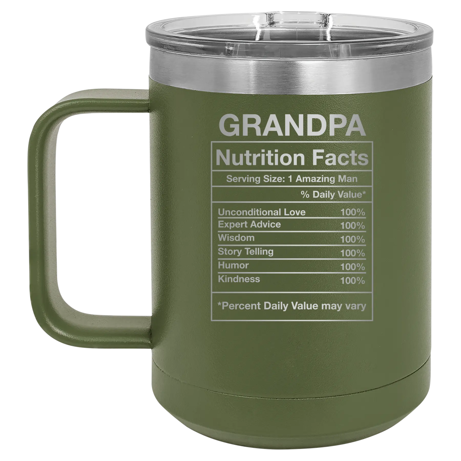 Laser etched olive green 15 oz vacuum insulated coffee mug with 'Grandpa Nutrition' design
