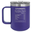 Laser etched purple 15 oz vacuum insulated coffee mug with 'Grandpa Nutrition' design