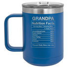 Laser etched royal blue 15 oz vacuum insulated coffee mug with 'Grandpa Nutrition' design