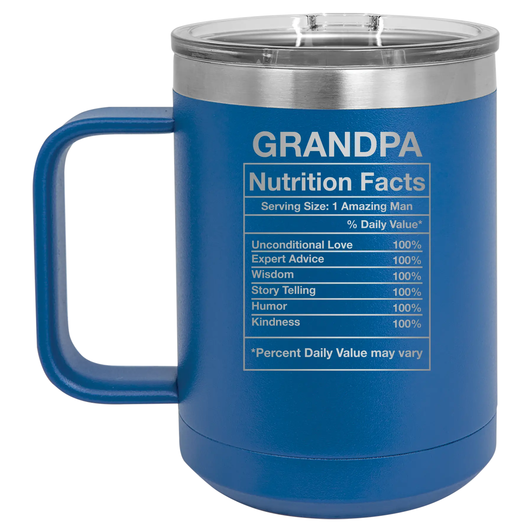 Laser etched royal blue 15 oz vacuum insulated coffee mug with 'Grandpa Nutrition' design