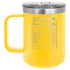 Laser etched yellow 15 oz vacuum insulated coffee mug with 'Grandpa Nutrition' design