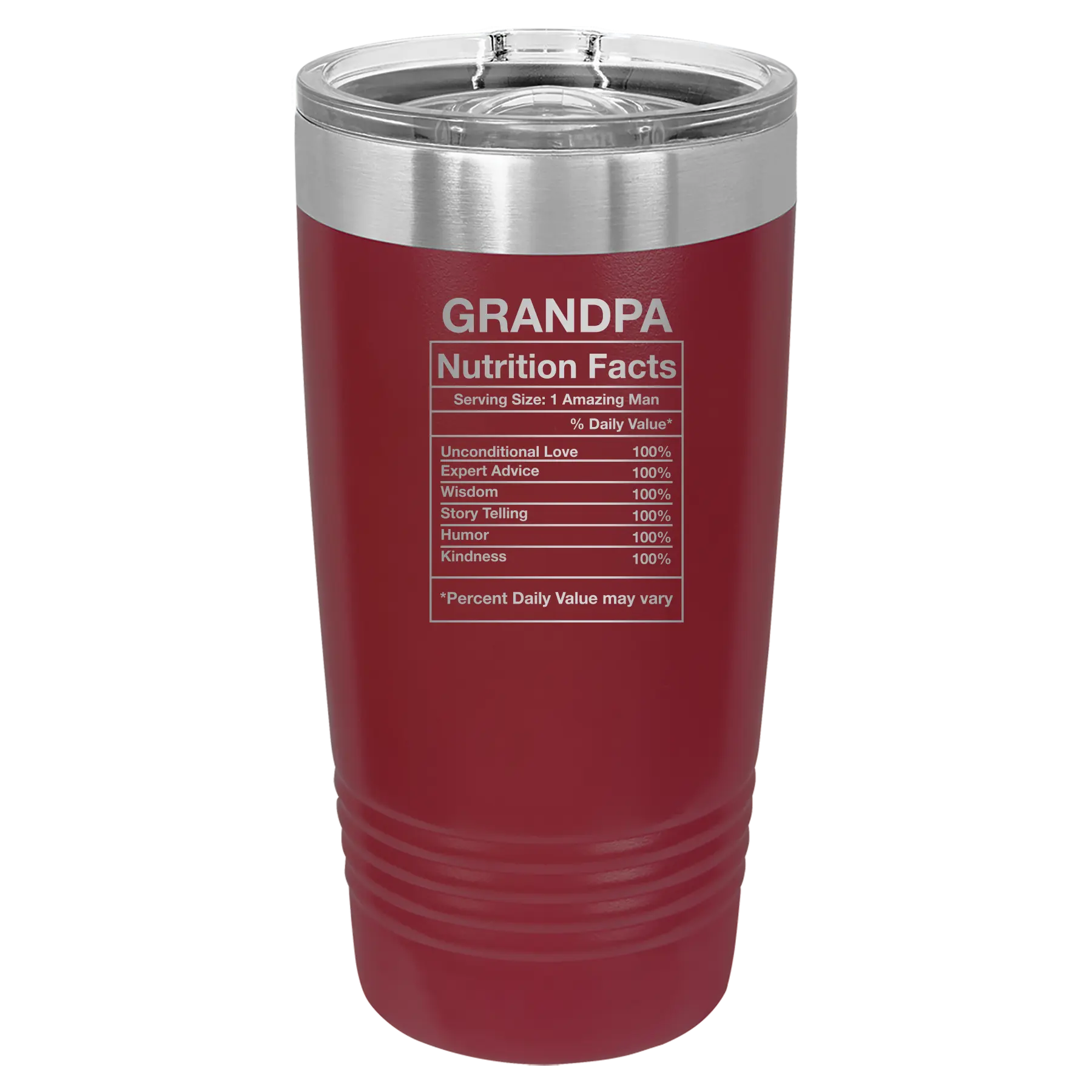 Laser etched maroon 20 oz vacuum insulated tumbler with 'Grandpa Nutrition' design