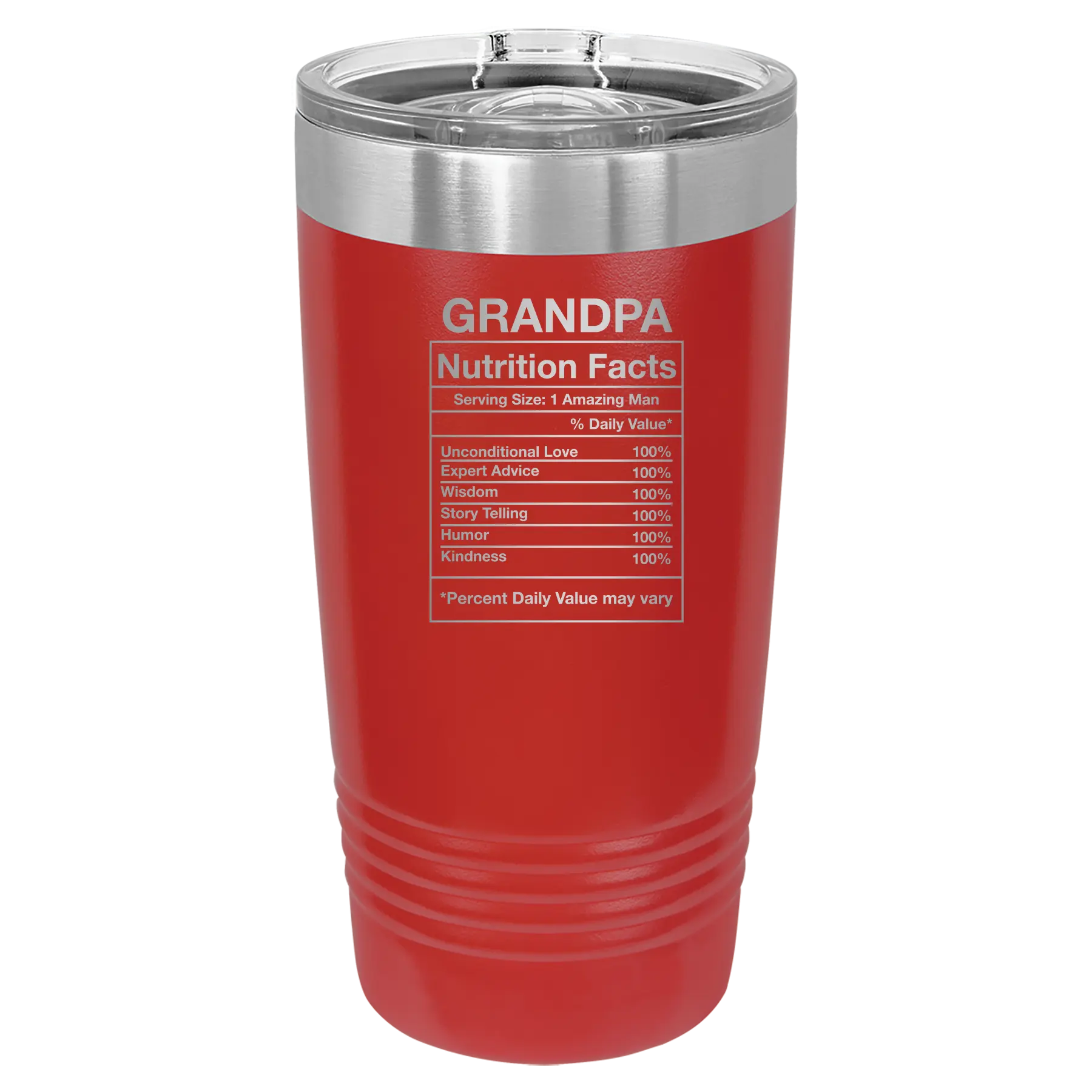 Laser etched red 20 oz vacuum insulated tumbler with 'Grandpa Nutrition' design