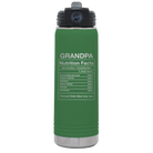 Laser etched green 20 oz vacuum insulated water bottle with 'Grandpa Nutrition' design